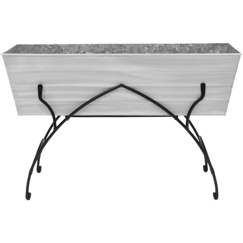 Oakestry Bella Plant Stand with 36" Cape Cod White Flower Box, Galvanized Steel Planter & Black Wrought Iron Stand, Outdoor Patio Garden Planter