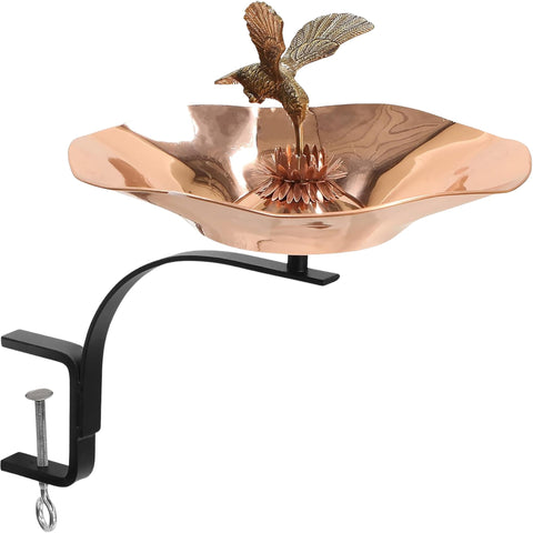 Oakestry Hummingbird Copper Birdbath with Rail Mount Bracket, Flower-Shaped Bird Bath with Brass Hummingbird for Balcony, Deck & Garden Décor