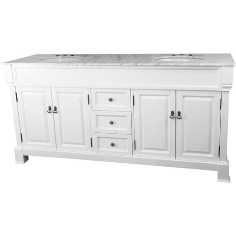 Oakestry 72" Double Sink Bathroom Vanity with White Marble Top, Solid Birch Wood Cabinet, Freestanding, Espresso Finish, Antique Brass Hardware