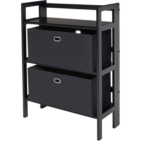 Oakestry Torino 3-Tier Foldable Wooden Bookcase with 2 Fabric Storage Baskets, Black Finish