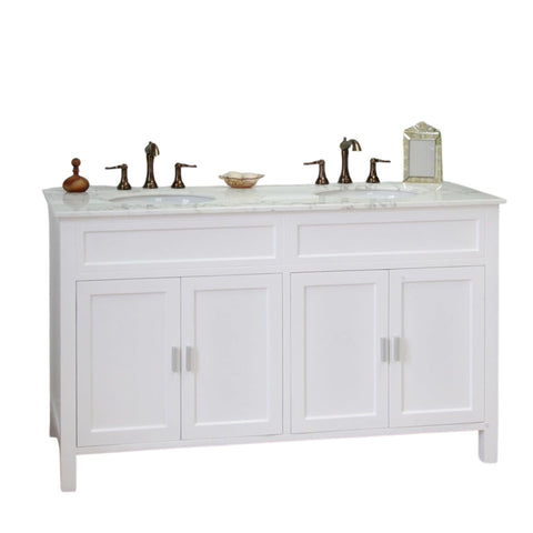 Oakestry 60" Double Sink Bathroom Vanity Cabinet, White Finish with White Marble Top, Freestanding Solid Birch Wood, Oval Undermount Sinks, Nickel Hardware