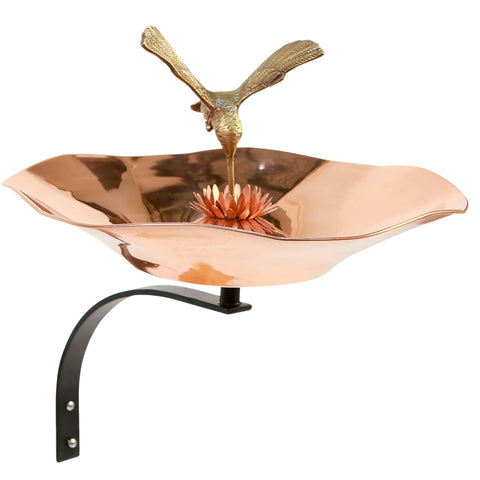 Oakestry Hummingbird Copper Birdbath with Wall Mount Bracket, Flower-Shaped Bird Bath with Brass Hummingbird for Garden, Fence & Patio Décor