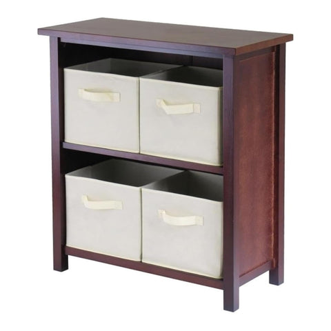 Oakestry Verona 2 Section Storage Shelf with 4 Foldable Beige Fabric Baskets Compact Wood Organizer for Bedroom Living Room Entryway Closet Home Storage Unit