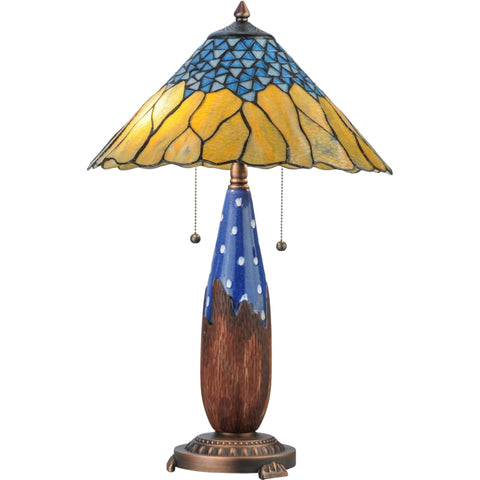 Oakestry 24.5" Cristal Azul Tiffany Style Table Lamp, Blue Mosaic Stained Glass Shade, Ceramic & Mahogany Bronze Base, Dual E26 Decorative Accent Lamp