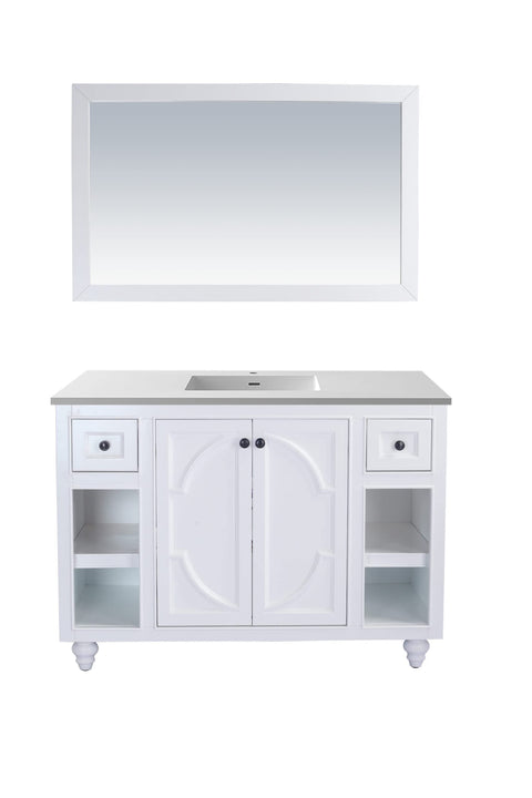 Oakestry Odyssey 48 Inch White Bathroom Vanity Single Sink Matte White Viva Stone Solid Surface Countertop Freestanding Modern Storage Cabinet Soft Close Doors Luxury Washroom Furniture