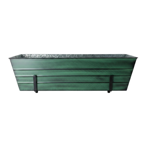 Oakestry Large Green Flower Box with 2x6 Railing Brackets, 35.25" Galvanized Steel Planter & Wrought Iron Mount Kit for Balcony Deck Patio