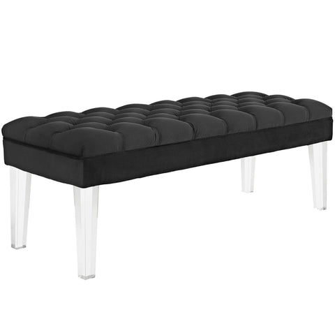 Oakestry Valet Performance Velvet Bench, Black Tufted Upholstered Accent Bench with Acrylic Legs for Bedroom, Entryway & Living Room