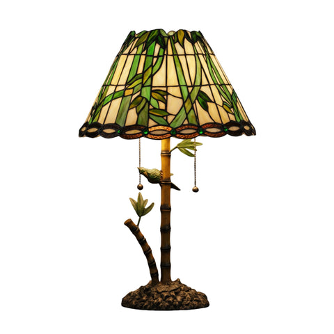 Oakestry 24" Loro Paraiso Tiffany Style Table Lamp, Bamboo & Parrot Stained Glass Shade, Faux Bamboo Base, Dual E26 Decorative Tropical Accent Lamp