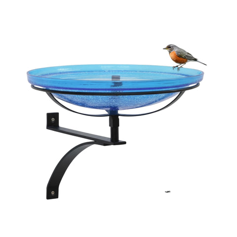 Oakestry 14" Crackle Glass Birdbath with Wall Mount Bracket, Decorative Blown Glass Bird Bath, Outdoor Mounted Birdbath for Porch, Deck, Fence & Garden