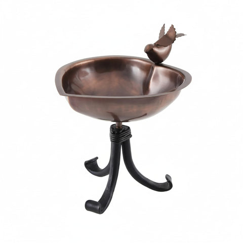 Oakestry Heart Shaped Copper Birdbath with Tripod Stand, Decorative Bird Bath with Wrought Iron Base for Tabletop, Garden & Patio Décor
