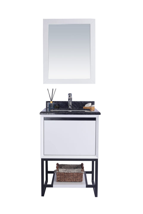 Oakestry Alto 24 Inch White Bathroom Vanity Black Marble Countertop Modern Single Sink Freestanding Storage Soft Close Doors Compact Small Space Washroom Cabinet