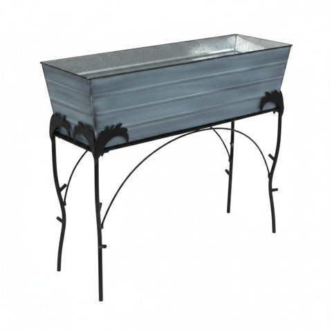 Oakestry Flora 30" Plant Stand with 36" Nantucket Blue Flower Box, Galvanized Steel Planter & Black Wrought Iron Stand, Outdoor Garden Planter