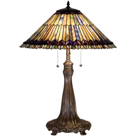 Oakestry 27" Tiffany Jeweled Peacock Table Lamp, Opalescent Stained Glass, Blue & Purple Jewels, Mahogany Bronze Base