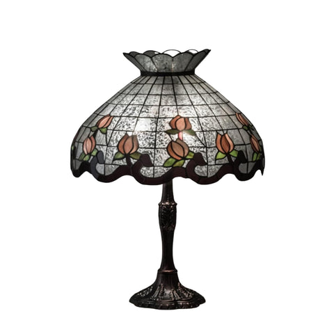 Oakestry 26" Roseborder Table Lamp, Fern and Plum Waterglass Stained Glass Shade with Pink Rosebuds, Mahogany Bronze Base, 3-Light E26 Decorative Accent Lamp