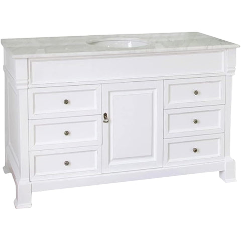Oakestry 60" Single Sink Bathroom Vanity Cabinet, White Finish with White Marble Top, Freestanding Solid Birch Wood, Oval Undermount Sink, Antique Brass Hardware