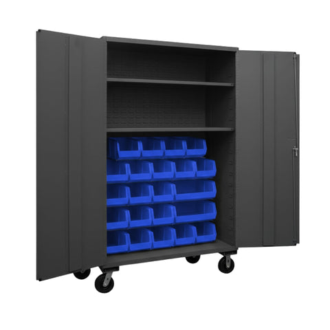 Oakestry Mobile Cabinet 48 x 24 x 81 in 16 Gauge Steel 2 Adjustable Shelves 18 Blue Bins Flush Doors Casters Lockable Chrome Handle Gray Storage Cabinet