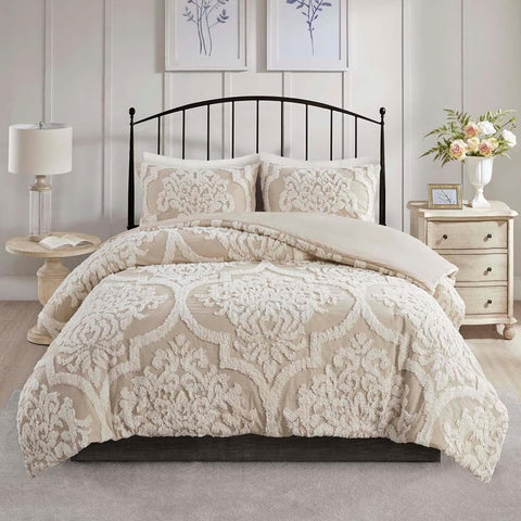 3Pc Tufted Chenille Comforter Cover Soft Bed Set Durable and Easy Care Breathable Durable Easy Care, Simple Style Farmhouse, King/Cal King, Damask