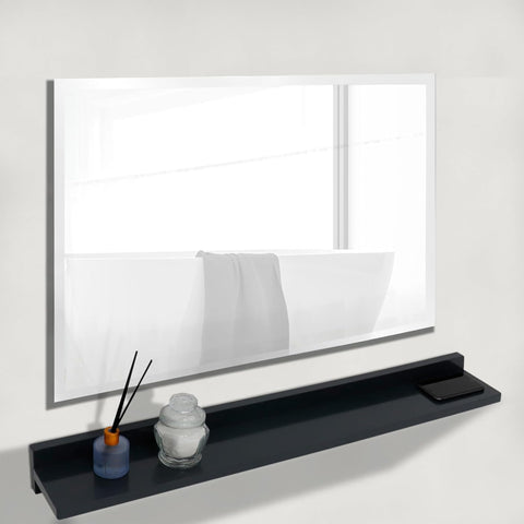 Oakestry 35 Inch Frameless Mirror with Wireless Charging Shelf Wall Mounted Vanity Mirror Modern Design Built in Qi Charging Station Storage Shelf Bathroom Bedroom Easy Installation