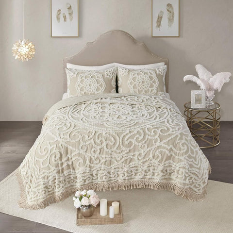 2-Piece 100% Cotton Laetitia Quilt Set Breathable and Lightweight Reversible Chenille Tufted Medallion Design Soft Cozy Sham, Full/Queen, Taupe