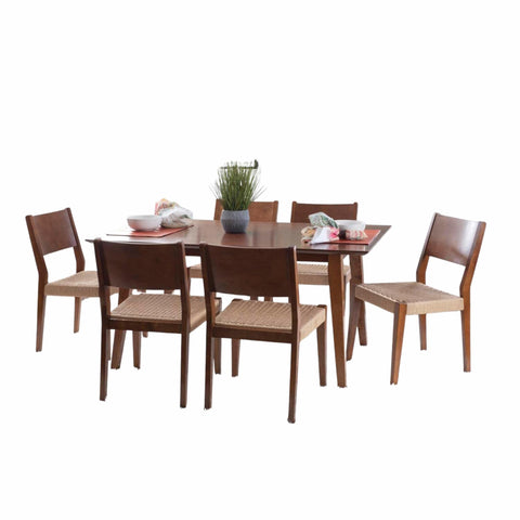 Oakestry Cadence 7-Piece Mid-Century Modern Dining Set, Brown Finish – 60" Table with 6 Handwoven Rope-Seat Chairs, Solid Rubberwood, No Assembly Required