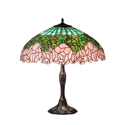 Oakestry 26" Tiffany Cabbage Rose Table Lamp, Passion Pink Roses Stained Glass Shade with Bronzed Green Leaves and Blue Opal Sky, Mahogany Bronze Base