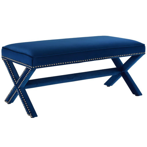 Oakestry Rivet Performance Velvet Bench, Modern Upholstered Accent Bench with Nailhead Trim and X-Base Frame, Navy