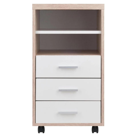 Oakestry Kenner 3-Drawer Mobile Storage Cabinet – Reclaimed Wood Finish with 2 Open Shelves, Linen White Accents, and Locking Casters for Home or Office