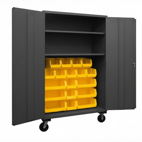 Oakestry Mobile Cabinet 48 x 24 x 81 in 16 Gauge Steel 2 Adjustable Shelves 18 Yellow Bins Flush Doors Casters Lockable Chrome Handle Gray Storage Cabinet