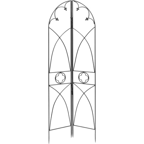 Quatrefoil Garden Trellis Gothic Style Wrought Iron Plant Support with Graphite Powder Coat, 3-Sided Decorative Trellis