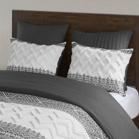 3-Piece Botanic Printed Chic Chevron Chenille Tufting Lightweight Cotton Comforter Set All Seasons with Shams, 2 Shams, Mila, Full/Queen Grey