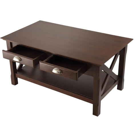 Xola Coffee Table with Drawers & Shelf, Solid/Composite Wood, Cappuccino Finish, Modern “X” Design Living Room Center Table