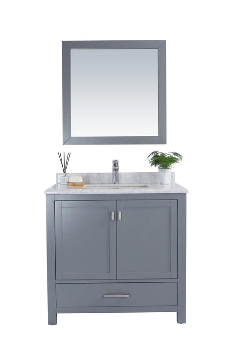 Oakestry Wilson Bathroom Vanity with White Carrara Marble Countertop, Undermount Ceramic Sink, Solid Oak Wood Cabinet, Soft-Close Doors, 4 Outlets, Grey