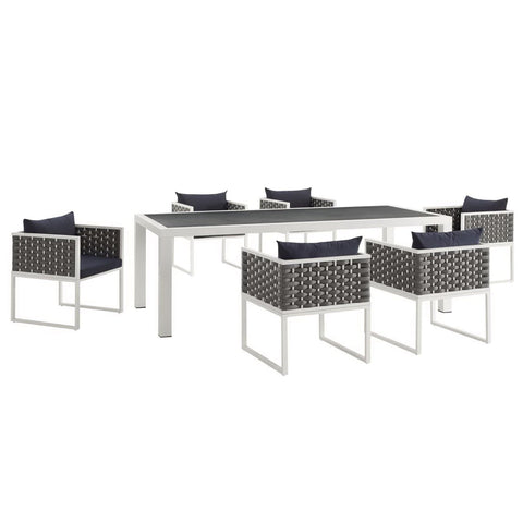 Oakestry Stance 7 Piece Outdoor Patio Aluminum Dining Set, White Navy