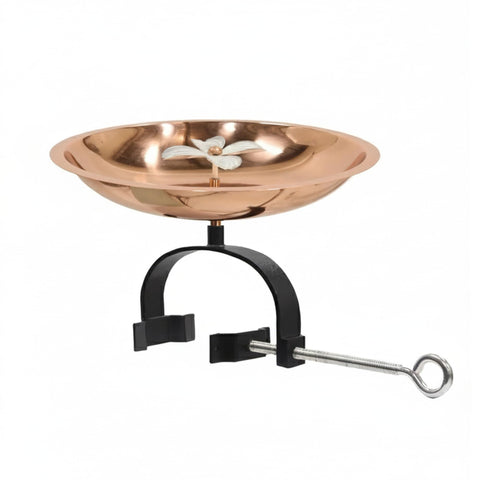 Oakestry Round Copper Plated Colored Patina Stainless Steel Dogwood Birdbath Over Rail Bracket Outdoor Garden Decorative Wildlife Water Bowl Balcony Deck