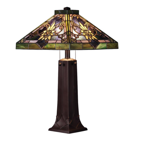 Oakestry 22" Solstice Table Lamp, Tiffany Style Sunflower Stained Glass Shade, Aubergine & Green Tones, Mahogany Bronze Base