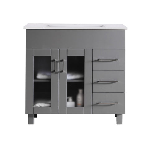 Oakestry Nova 36 Inch Grey Bathroom Vanity Single Sink White Ceramic Basin Countertop Freestanding Modern Storage Cabinet Soft Close Doors Contemporary Washroom Furniture