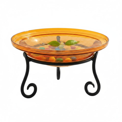 Oakestry 12" Mandarin Orange Crackle Glass Birdbath with Wrought Iron Short Stand, Decorative Outdoor Bird Bath for Tabletop, Garden, Patio