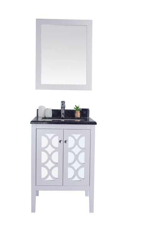 Oakestry Mediterraneo 24 Inch White Bathroom Vanity Black Wood Marble Countertop Modern Single Sink Freestanding Storage Soft Close Doors Compact Washroom Cabinet
