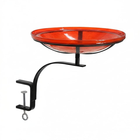 Oakestry Crackle Glass Red Birdbath Bowl with Rail Mount Bracket Hand Blown Decorative Outdoor Garden Balcony Deck Railing Clamp