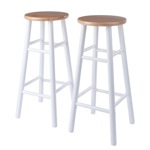 Oakestry Huxton 2-Pc Bar Stool Set, Teak Seat & White Base, Solid Wood, 29" H, Streamlined Design with Footrests for Kitchen, Bar & Dining