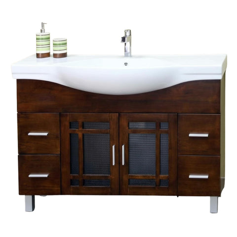 Oakestry 48" Single Sink Bathroom Vanity with Integrated White Ceramic Top, Solid Birch Wood Cabinet, Freestanding, Walnut Finish, Nickel Hardware