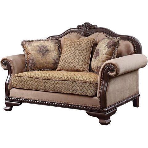 Chateau De Ville Loveseat w/3 Pillows Fabric & Espresso Finish