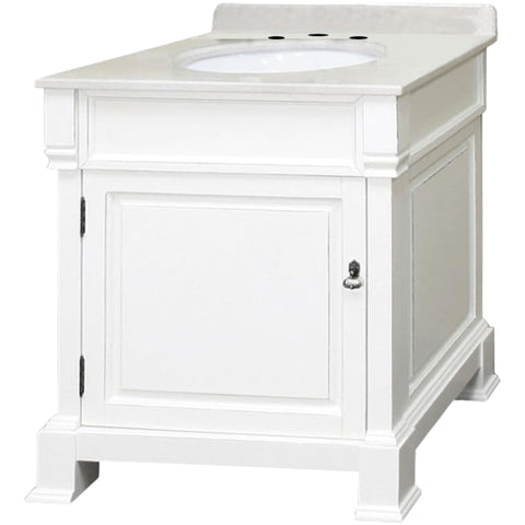 Oakestry 30" Single Sink Bathroom Vanity with White Marble Top, Solid Birch Wood Cabinet, Freestanding, White Finish, Antique Brass Hardware