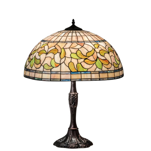 Oakestry 26" Tiffany Turning Leaf Table Lamp, Autumn Gold Russet Moss Green Stained Glass Shade with Mahogany Bronze Base, 3-Light E26 Decorative Accent Lamp