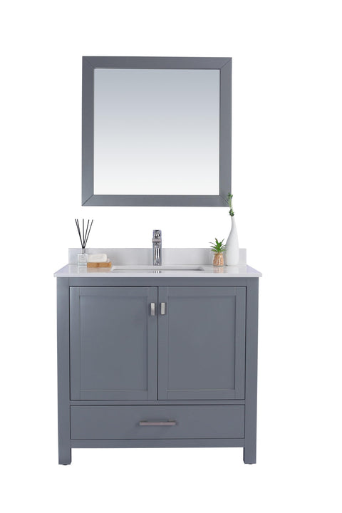 Oakestry Wilson Bathroom Vanity with White Carrara Marble Countertop, Undermount Ceramic Sink, Solid Oak Wood Cabinet, Soft-Close Doors, 4 Outlets, Grey