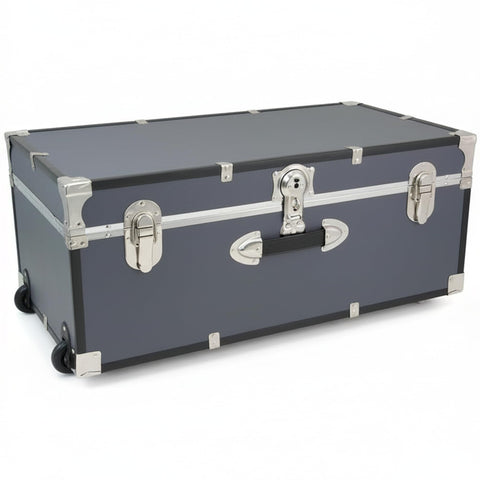 Oakestry Rolling Storage Trunk Lockable Heavy Duty Gray Metal Chest Portable Secure Organizer With Smooth Wheels