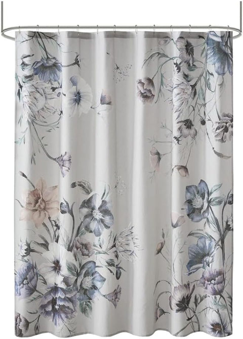 Cassandra Printed Cotton Shabby Chic Floral Shower Curtain Bathroom Decorative Light-filtering Bathroom Curtain with Buttonholes 72"X72", Blue