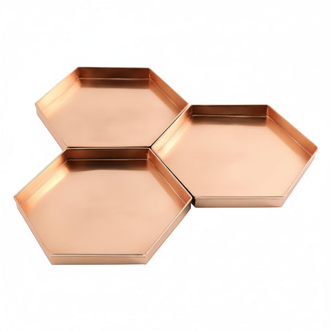 Oakestry 9" Hexagonal Copper Tray Set of 3, Metal Plant Saucer & Serving Trays, Stainless Steel Copper-Plated Decorative Trays for Plants, Centerpieces & DIY
