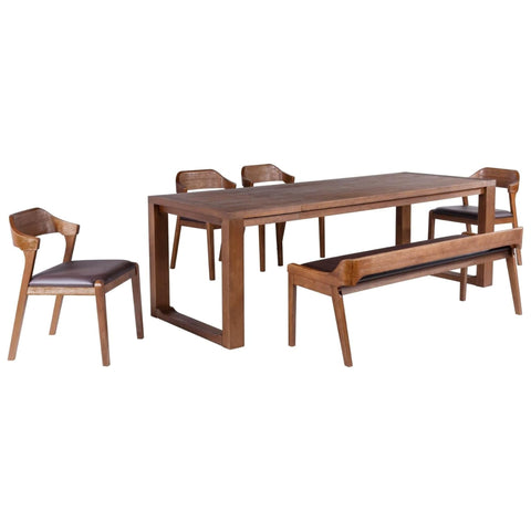Rasmus 6pc Dining Set, Table + 1 Bench + 4 Side Chairs  [Chestnut Wire-Brush]