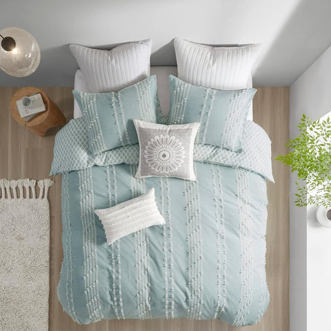 Chic Boho Cozy Comforter Set All Season Cozy Bedding with Matching Shams 100% Cotton Jacquard Comforter Set, Full/Queen, Aqua Reversible Stripes